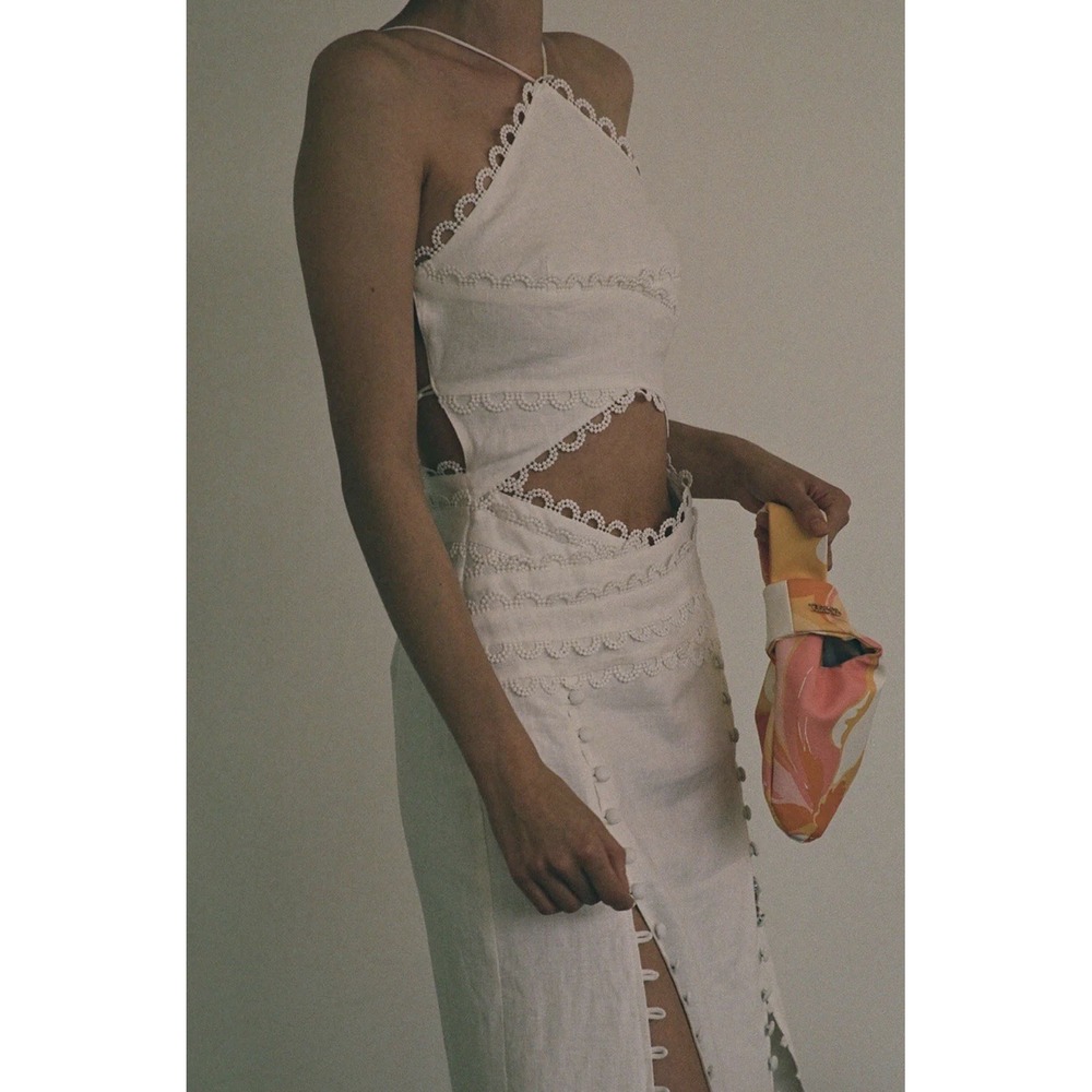 Zaco Australia White Linen Dress Runway Terra Beach Resort Halter Cutout Luxury - Picture 4 of 14